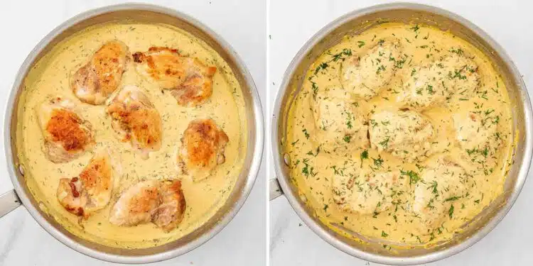 process shots showing how to make chicken thighs with creamy lemon dill sauce.