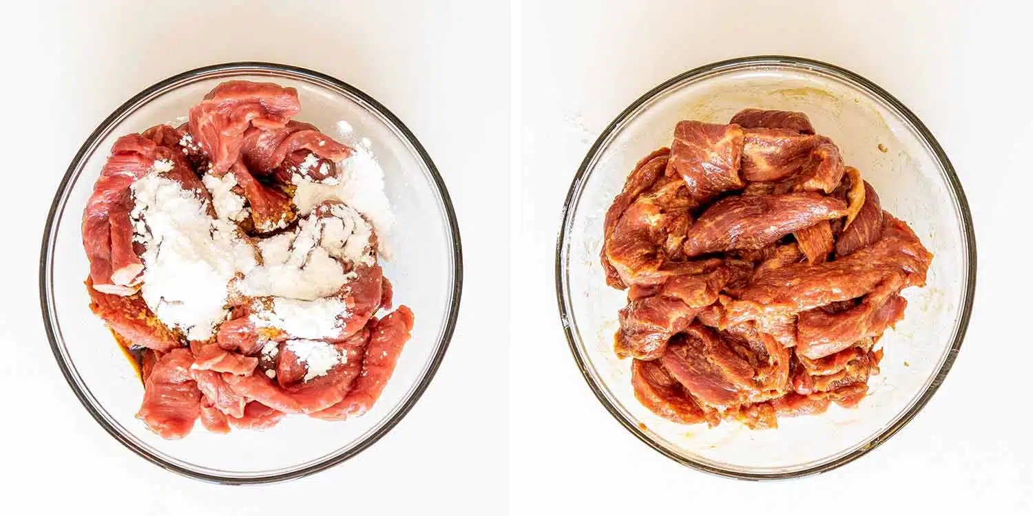 process shots showing how to make chinese sizzling beef.