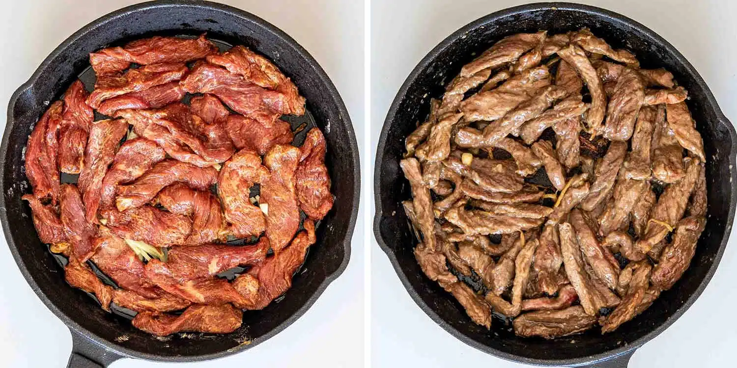 process shots showing how to make chinese sizzling beef.