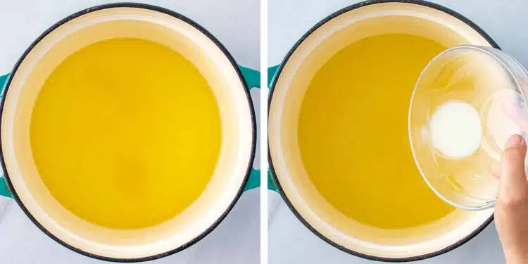 process shots showing how to make egg drop soup.