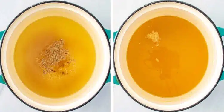 process shots showing how to make egg drop soup.