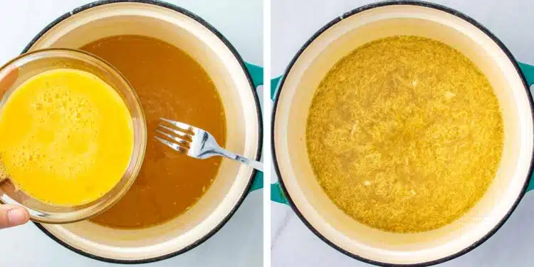 process shots showing how to make egg drop soup.