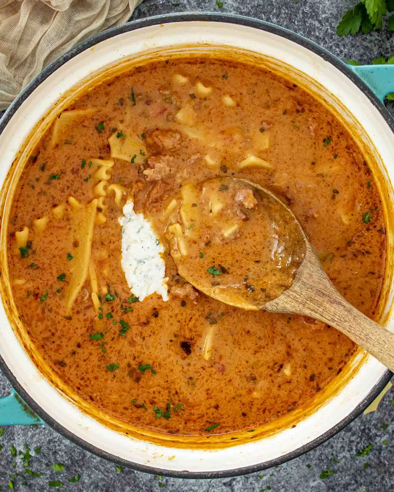 freshly made lasagna soup in a large dutch oven.