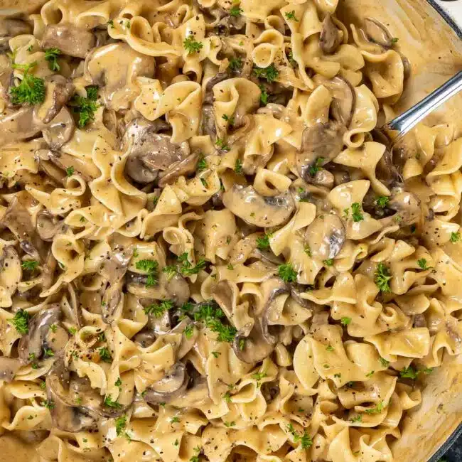 freshly made mushroom stroganoff in a skillet garnished with parsley.