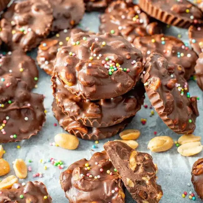 slow cooker chocolate candy on a piece of parchment paper.