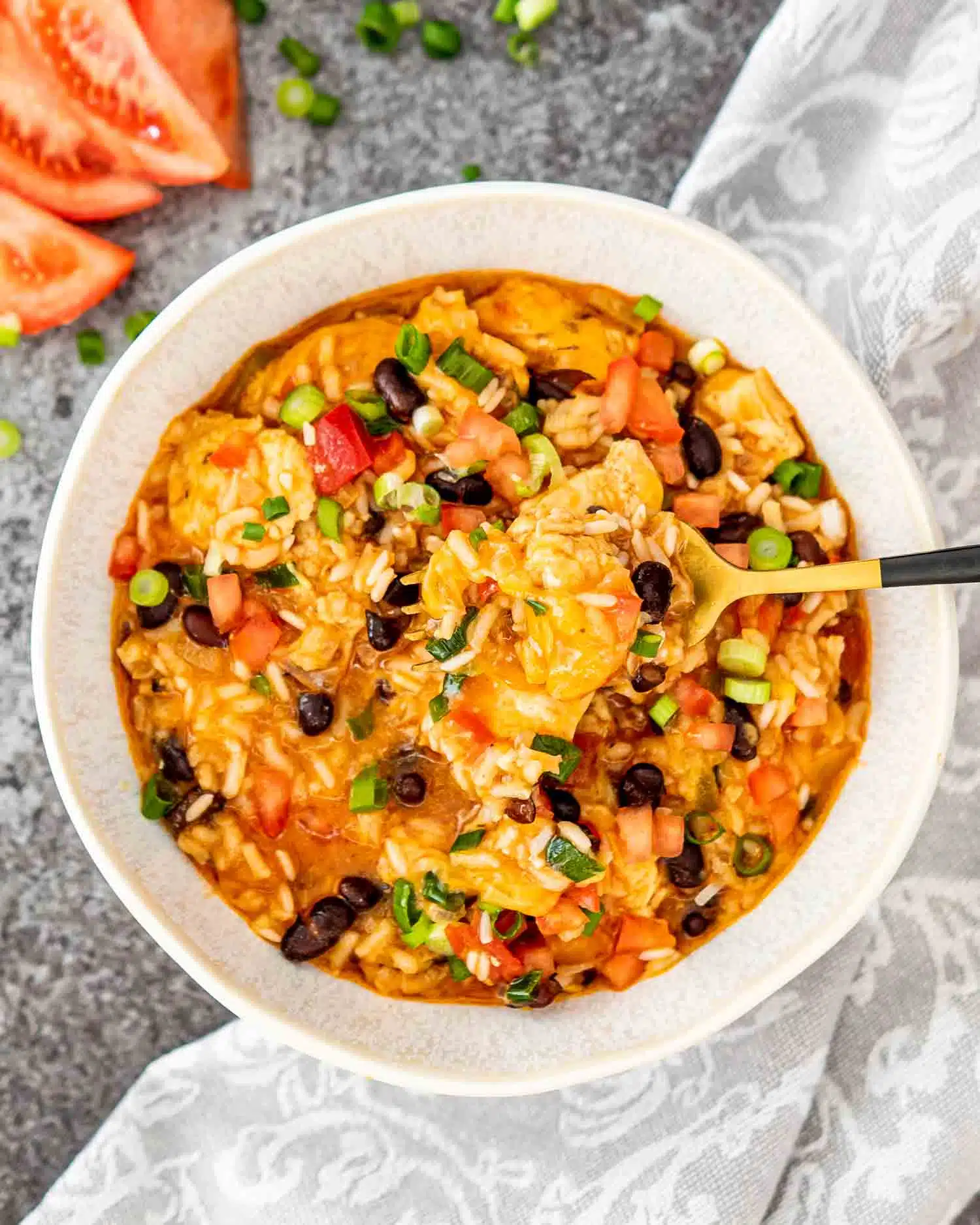 southwest chicken and rice on a white plate.