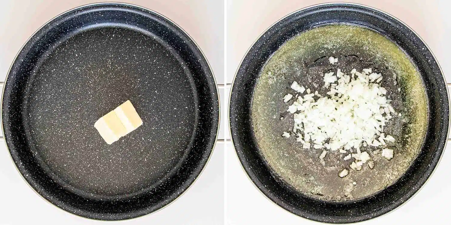 detailed process shots showing how to make southwest chicken and rice skillet.