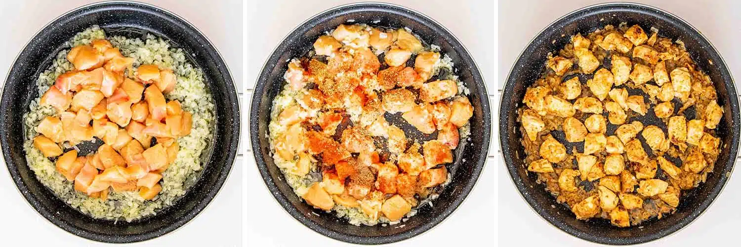 detailed process shots showing how to make southwest chicken and rice skillet.