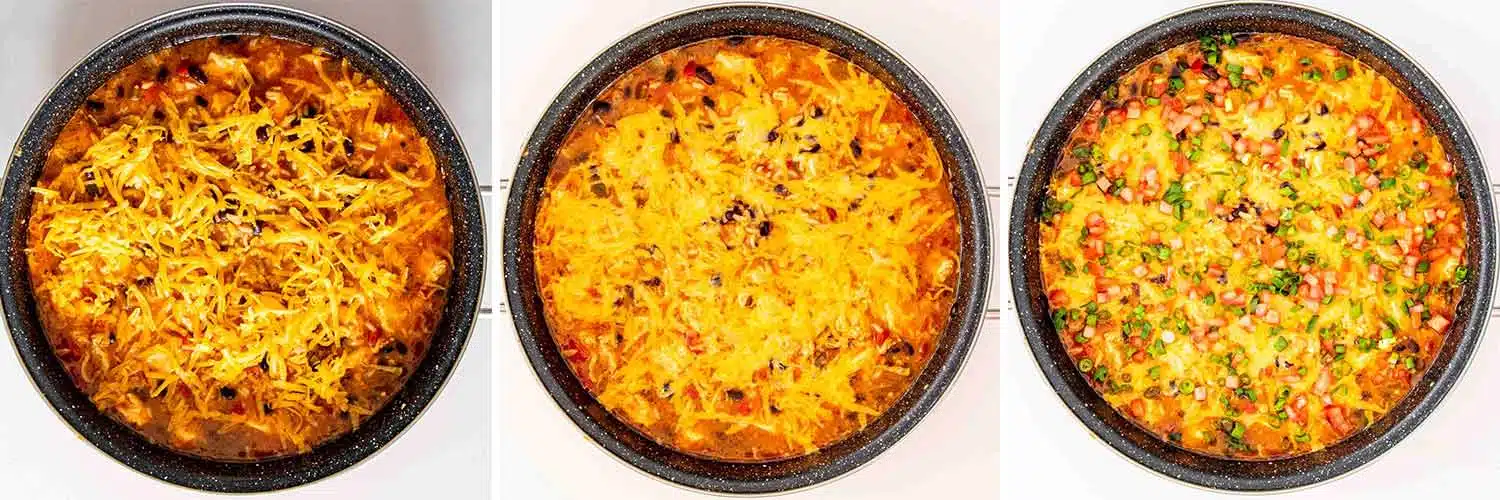 detailed process shots showing how to make southwest chicken and rice skillet.