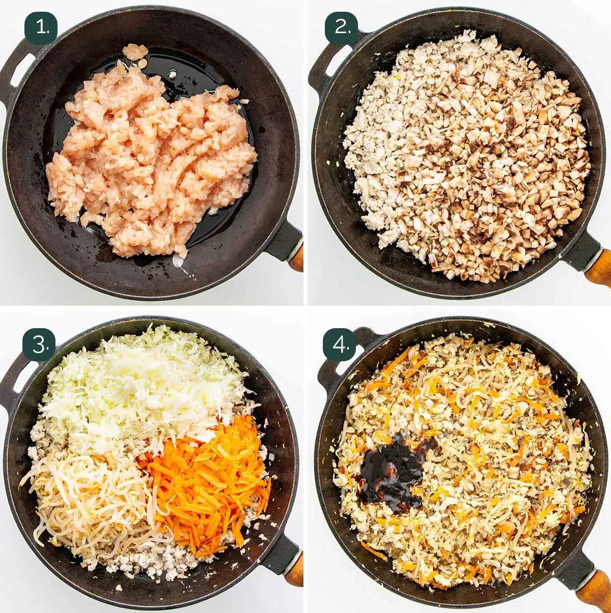 overhead shot showing how to make the filling for spring rolls.