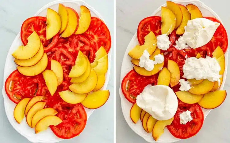 process shots showing how to make tomato peach burrata salad.