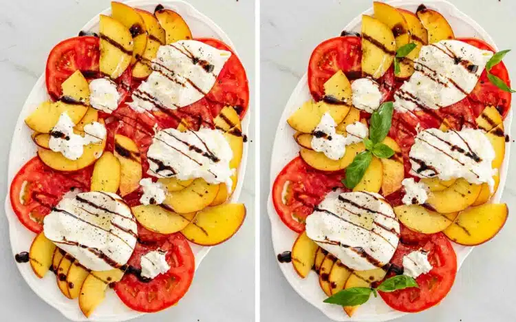 process shots showing how to make tomato peach burrata salad.